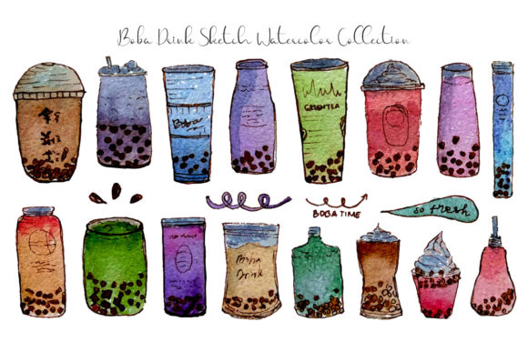 Boba Bubble Drink Sketch Watercolor Illustrations