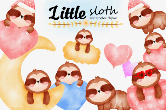 Cute Sloth Watercolor Clipart and Illustrations