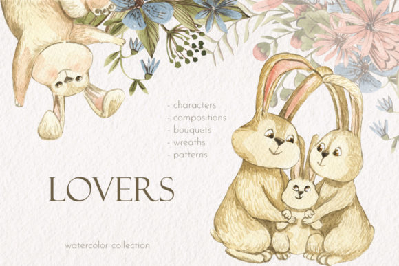 Lovers. Watercolor Rabbits Illustrations