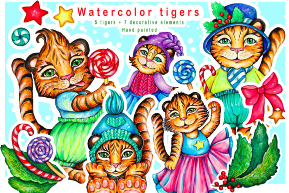 Tigers. Watercolor Clip Art and Illustrations