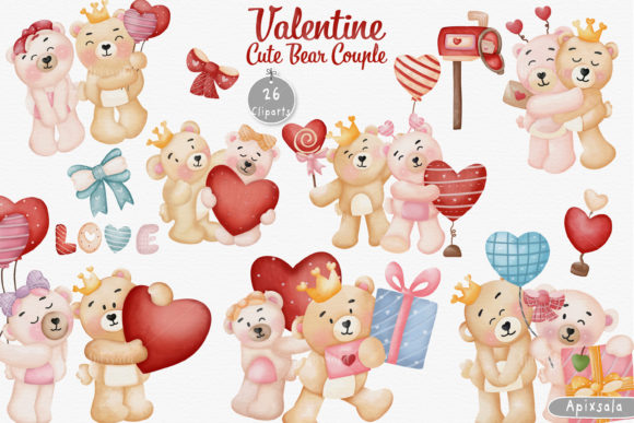 Valentine Cute Bear Couple Watercolor Illustrations