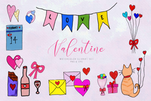 Valentine s Day Watercolor Clipart Set and Illustrations
