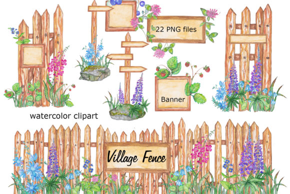 Village Fence Watercolor Clipart