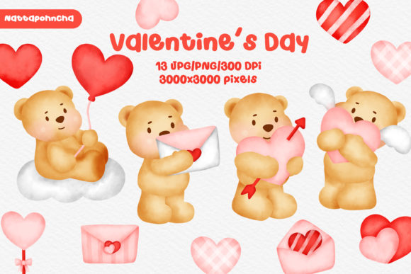 Watercolor Bear Valentine’s Day Clipart and Illustrations