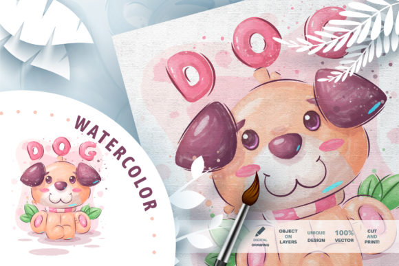 Watercolor Cartoon Character Animal Dog Illustrations