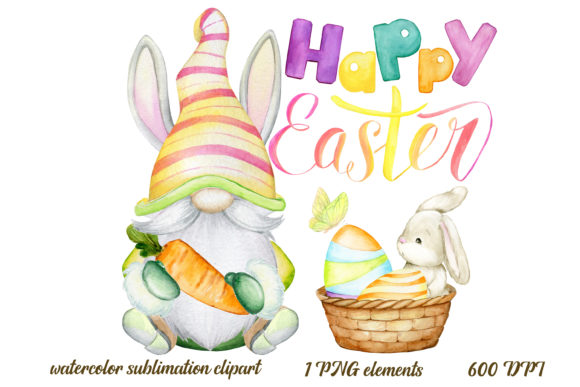 Watercolor Clip Art, Easter Bunny Gnome and Illustrations