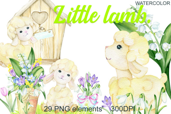 Watercolor Clipart. Spring Easter Lamb. Illustrations