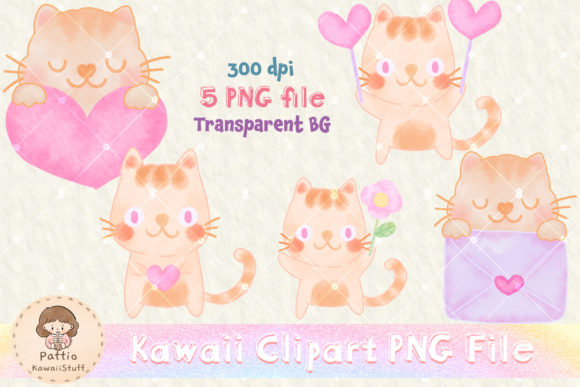 Watercolor Cute Cat Valentines Png 01 and Illustrations