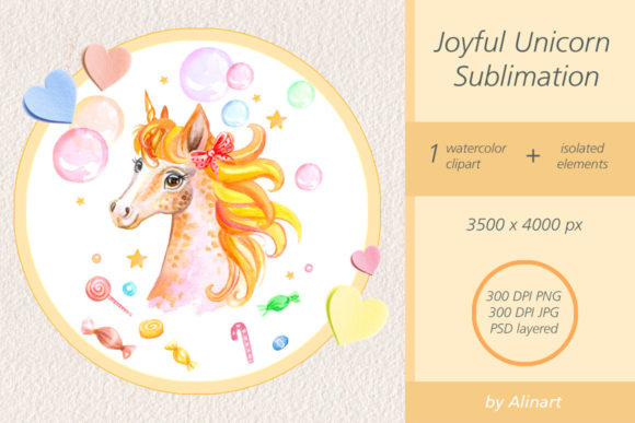 Watercolor Joyful Unicorn Sublimation Illustrations