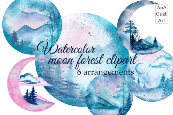 Watercolor Moon Forest Clipart and Illustrations