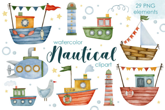 Watercolor Nautical Boat Clipart and Illustrations
