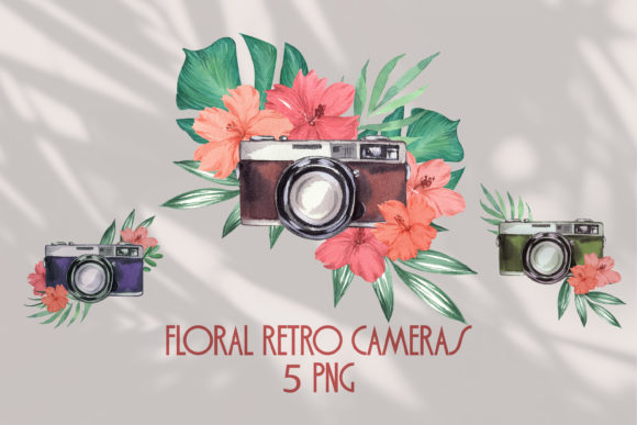 Watercolor Retro Camera and Flowers Logo Illustrations