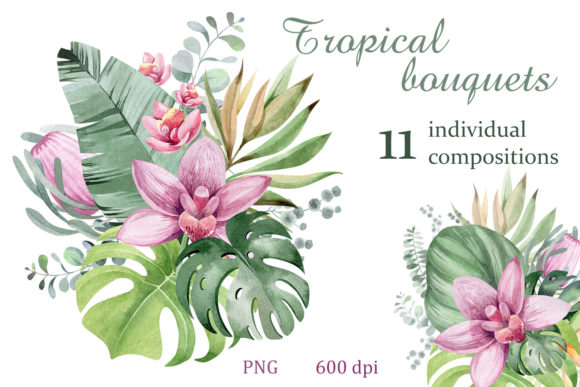 Watercolor Tropical Bouquets Illustrations