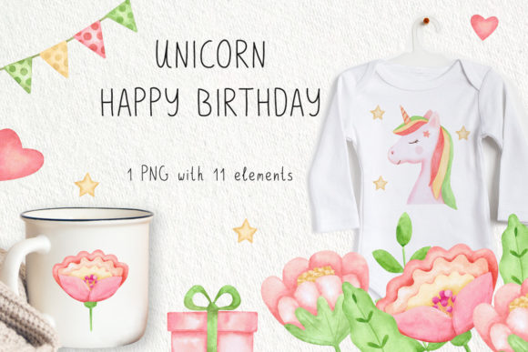 Watercolor Unicorn and Flowers Clipart for Illustrations