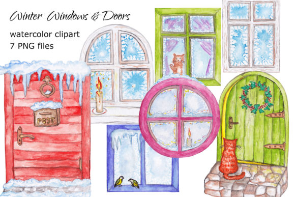 Watercolor Winter Windows Doors Clipart and Illustrations
