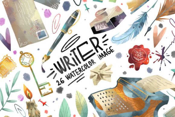 Watercolor Writer Clipart. Typewriter.